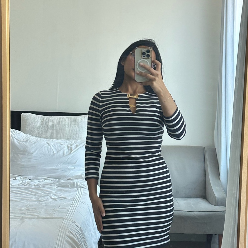 Michael Kors Black and White Long Sleeve Dress